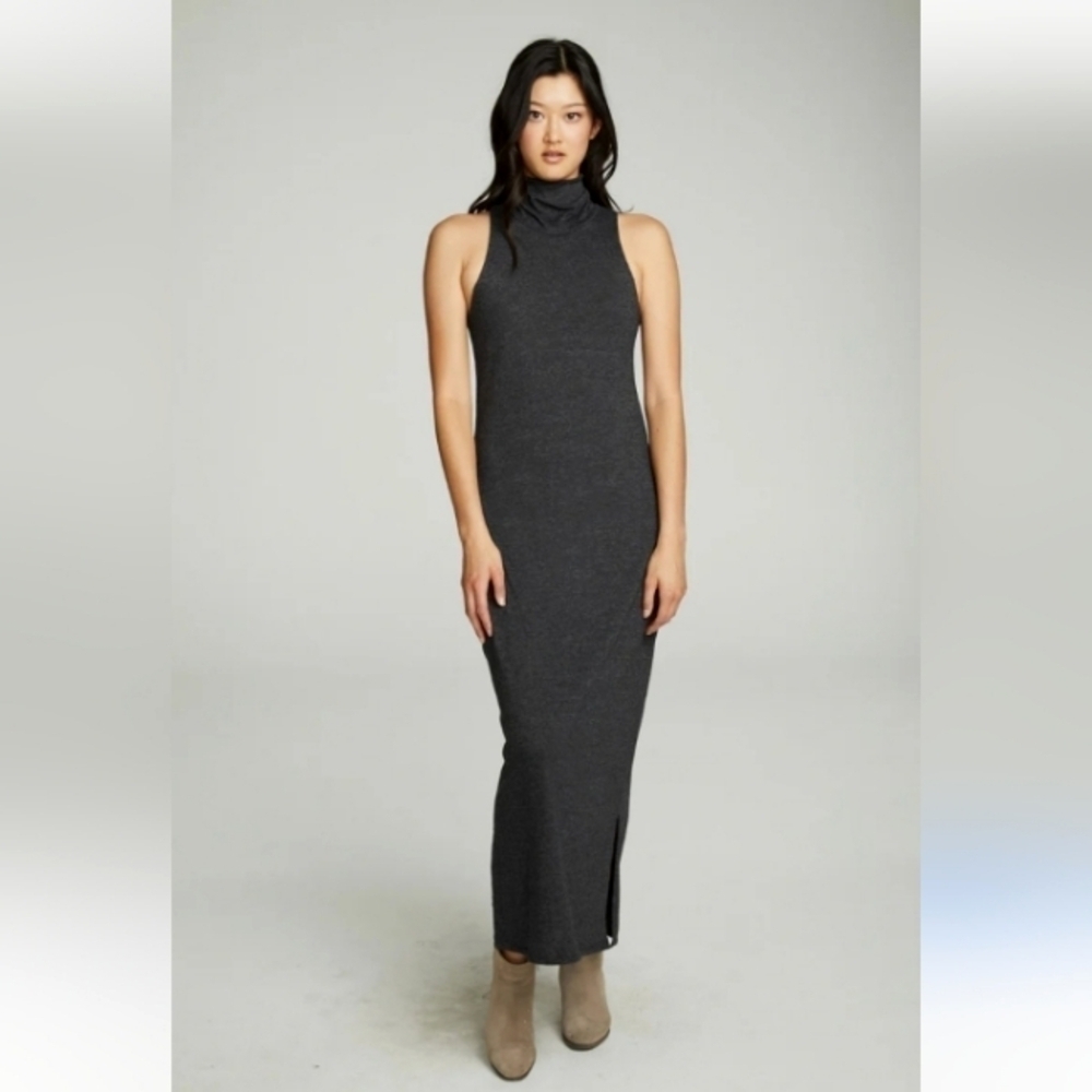 Fleur Bleue Mock Turtle Neck Tank Maxi Sweater Dress Side Slits Heather Blue XS